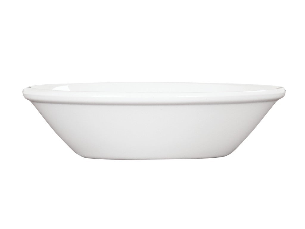 A plain, white, shallow melamine bowl with a smooth finish is shown against a white background. The bowl has a slightly flared rim and broad, flat base. It appears empty and is photographed from the side.