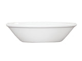 A plain, white, shallow melamine bowl with a smooth finish is shown against a white background. The bowl has a slightly flared rim and broad, flat base. It appears empty and is photographed from the side.