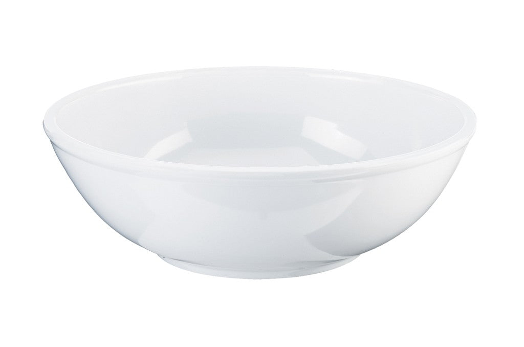 A plain, white, round 5.5 oz bowl with smooth sides and a slightly flared rim sits on a white background. The ceramic bowl is empty, its glossy surface reflecting light for a clean and simple appearance.