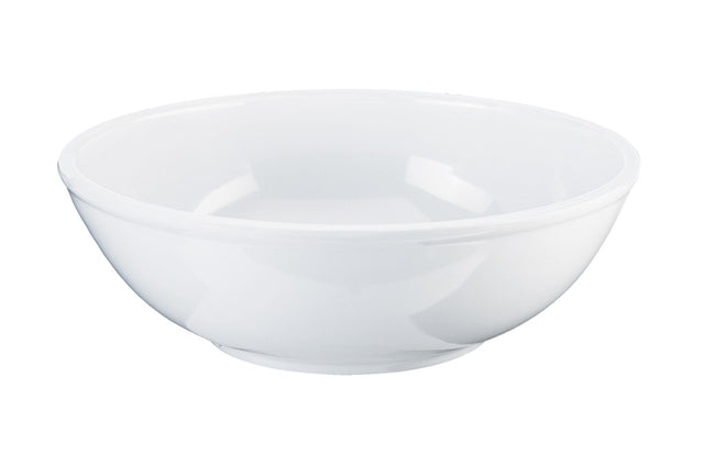 A plain, white, round 5.5 oz bowl with smooth sides and a slightly flared rim sits on a white background. The ceramic bowl is empty, its glossy surface reflecting light for a clean and simple appearance.