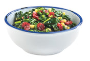 A white melamine bowl with a blue rim is filled with a salad of wilted spinach, yellow corn kernels, and red dried cranberries, all mixed together, against a plain white background.