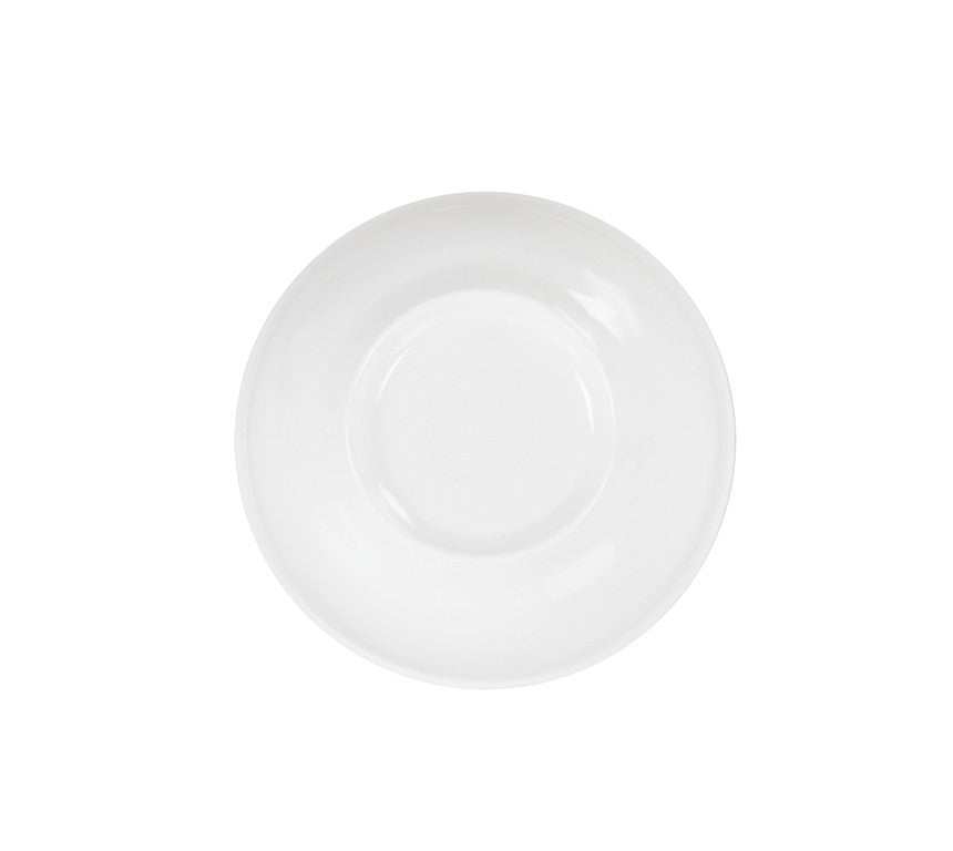 A plain, round, white enamelware saucer is centered on a white background. The saucer has a slightly raised rim and a shallow well in the middle, with no patterns or decorations.