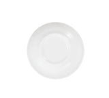 A plain, round, white enamelware saucer is centered on a white background. The saucer has a slightly raised rim and a shallow well in the middle, with no patterns or decorations.