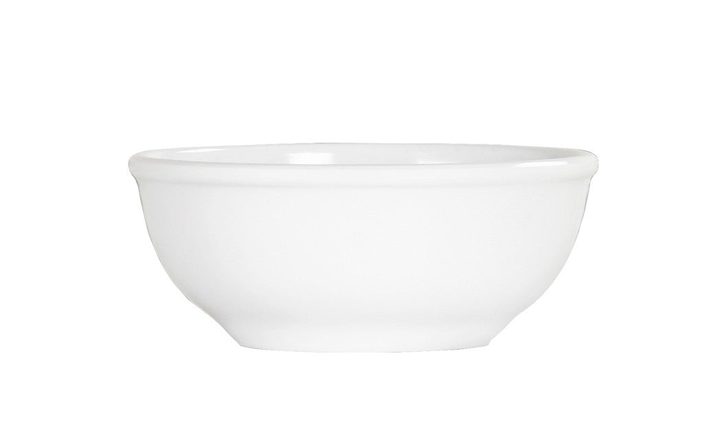 A plain, white, 18 oz bowl with a slightly flared rim and a smooth, rounded shape, shown against a plain white background. The bowl is empty and features a simple, minimalist design.