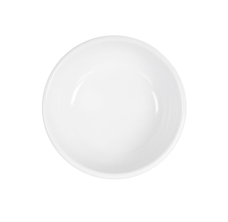 A plain, round, white melamine bowl is shown from above on a white background. The 18 oz bowl is empty and has smooth, slightly glossy surfaces with no visible patterns or decorations.