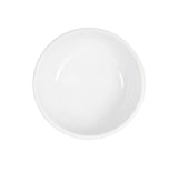 A plain, round, white melamine bowl is shown from above on a white background. The 18 oz bowl is empty and has smooth, slightly glossy surfaces with no visible patterns or decorations.