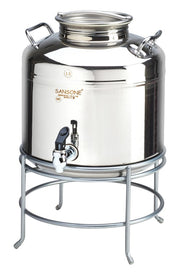 A shiny 3 gallon stainless steel beverage dispenser with a lid, side handles, and spigot sits on a round metal stand. The Sansone brand name and a 15 mark are visible on its cylindrical front, reflecting light.