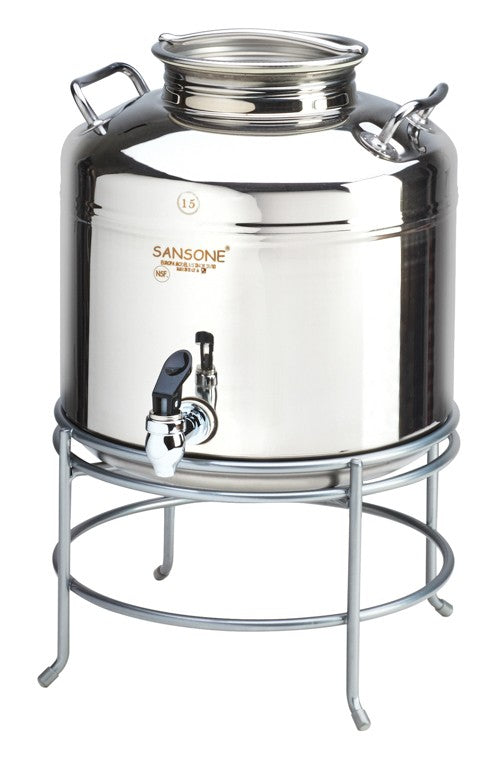 A shiny 3 gallon stainless steel beverage dispenser with a lid, side handles, and spigot sits on a round metal stand. The Sansone brand name and a 15 mark are visible on its cylindrical front, reflecting light.