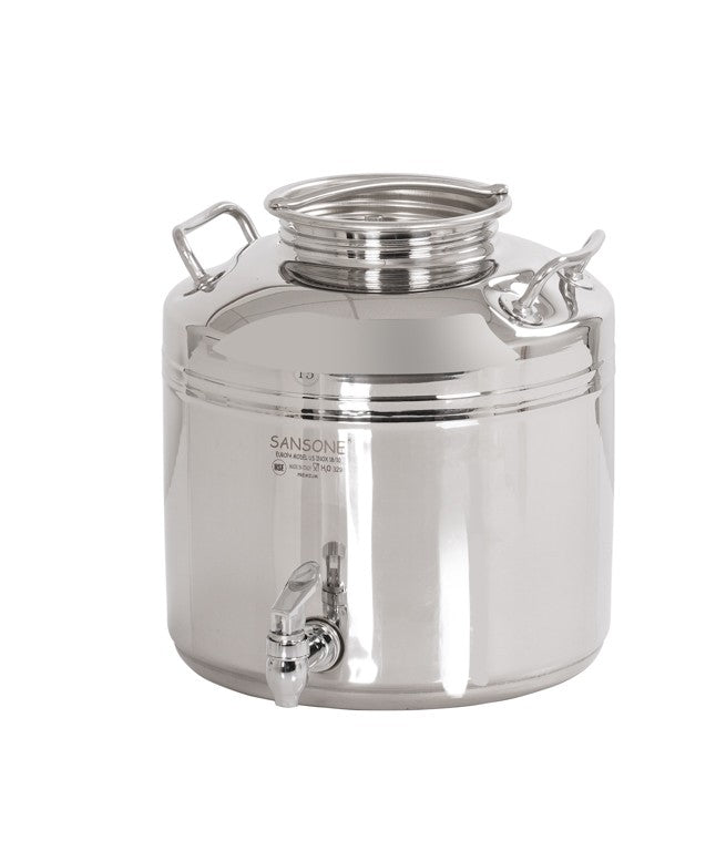 A shiny, stainless steel beverage dispenser with a wide screw-top opening, two side handles, and a spigot near its base. The 3-gallon Sansone container is reflective and sits on a plain white background.