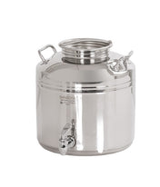 A shiny, stainless steel beverage dispenser with a wide screw-top opening, two side handles, and a spigot near its base. The 3-gallon Sansone container is reflective and sits on a plain white background.