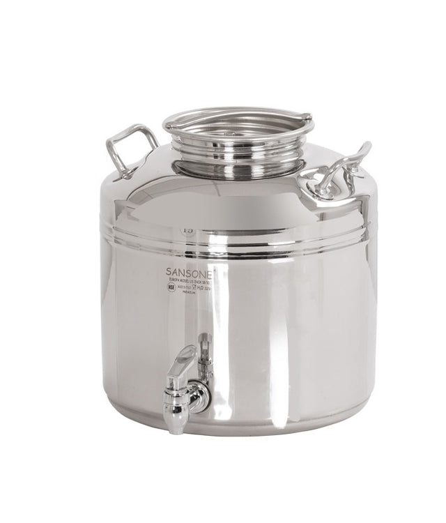 A shiny, stainless steel beverage dispenser with a wide screw-top opening, two side handles, and a spigot near its base. The 3-gallon Sansone container is reflective and sits on a plain white background.