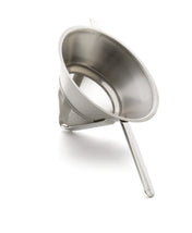 A stainless steel Bouillon strainer with a conical shape and fine mesh is shown. Featuring a long handle and support hook, it's designed to sit over bowls or pots. The strainer is photographed on a white background.