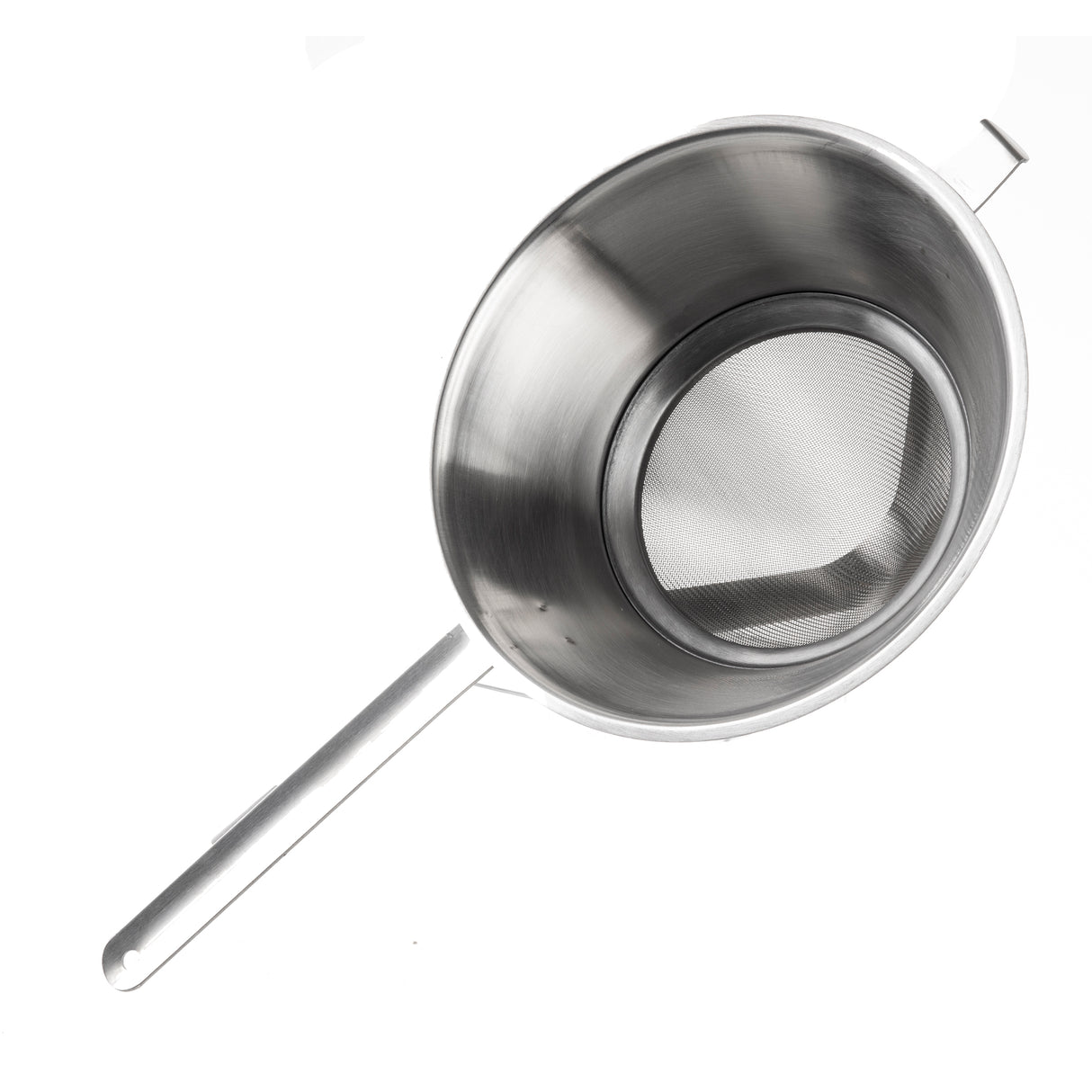 A stainless steel Bouillon strainer with a long handle is shown from above. The round, fine mesh bowl is perfect for sifting or straining. The strainer is clean and set against a white background.