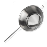 A stainless steel Bouillon strainer with a long handle is shown from above. The round, fine mesh bowl is perfect for sifting or straining. The strainer is clean and set against a white background.