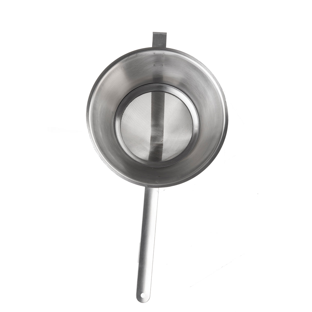 A stainless steel Bouillon strainer with a long handle and a flat lip is viewed from above on a white background. The fine mesh is clearly visible inside the round frame of the strainer.