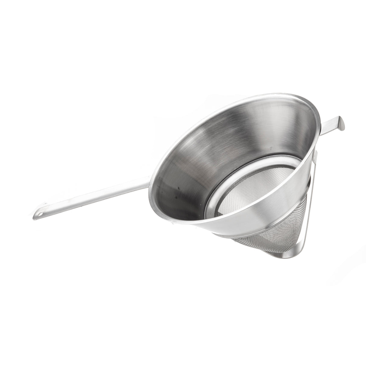 A stainless steel bouillon strainer with a fine mesh bowl, a long handle on one side, and a small stabilizing hook on the opposite side, designed for sifting or straining food, displayed on a white background.