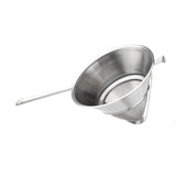 A stainless steel bouillon strainer with a fine mesh bowl, a long handle on one side, and a small stabilizing hook on the opposite side, designed for sifting or straining food, displayed on a white background.