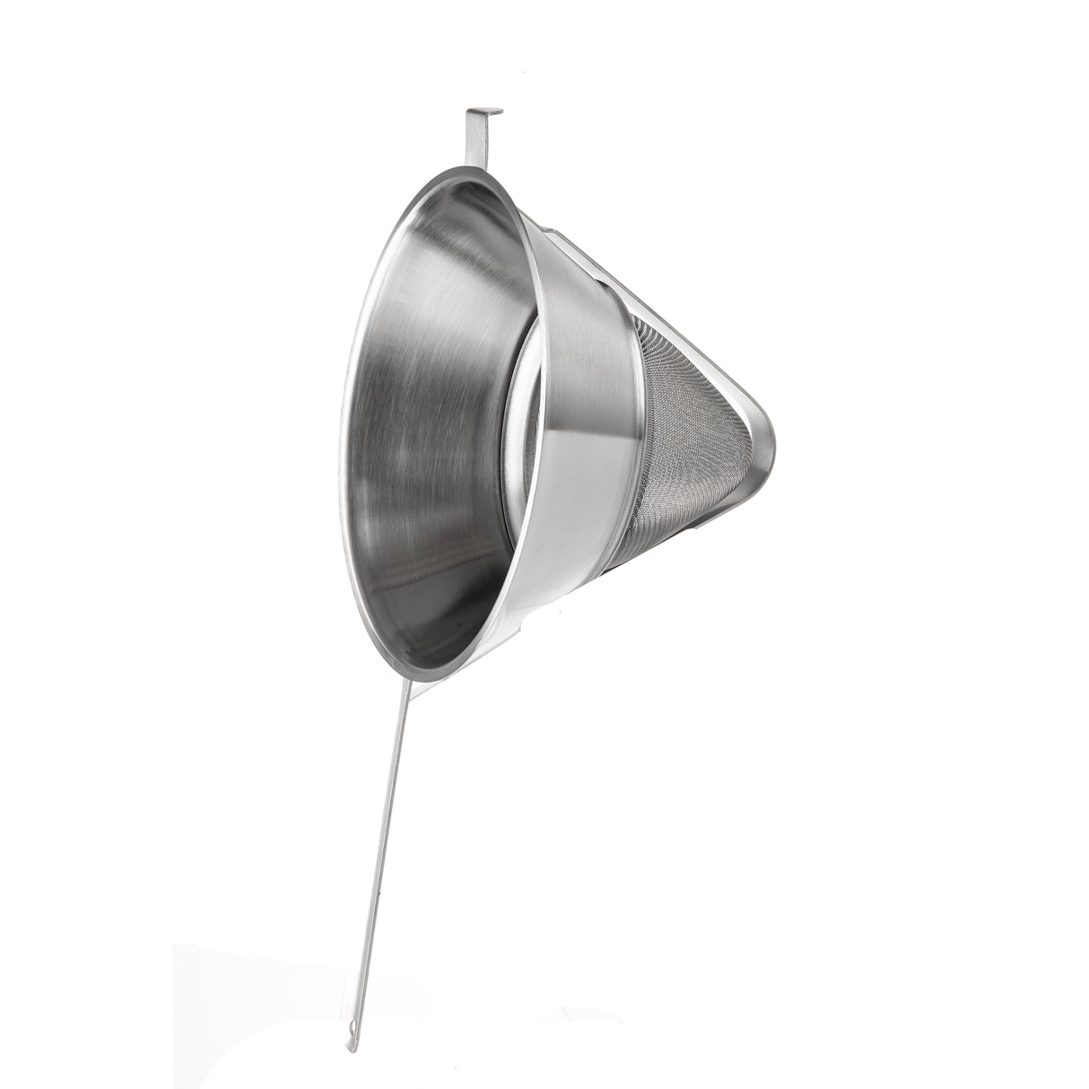 A stainless steel bouillon strainer with a fine mesh, wide top rim, and long handle is shown. The handle extends horizontally, while a small loop on the rim offers support for resting on a pot or bowl. The background is plain white.