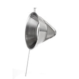 A stainless steel bouillon strainer with a fine mesh, wide top rim, and long handle is shown. The handle extends horizontally, while a small loop on the rim offers support for resting on a pot or bowl. The background is plain white.