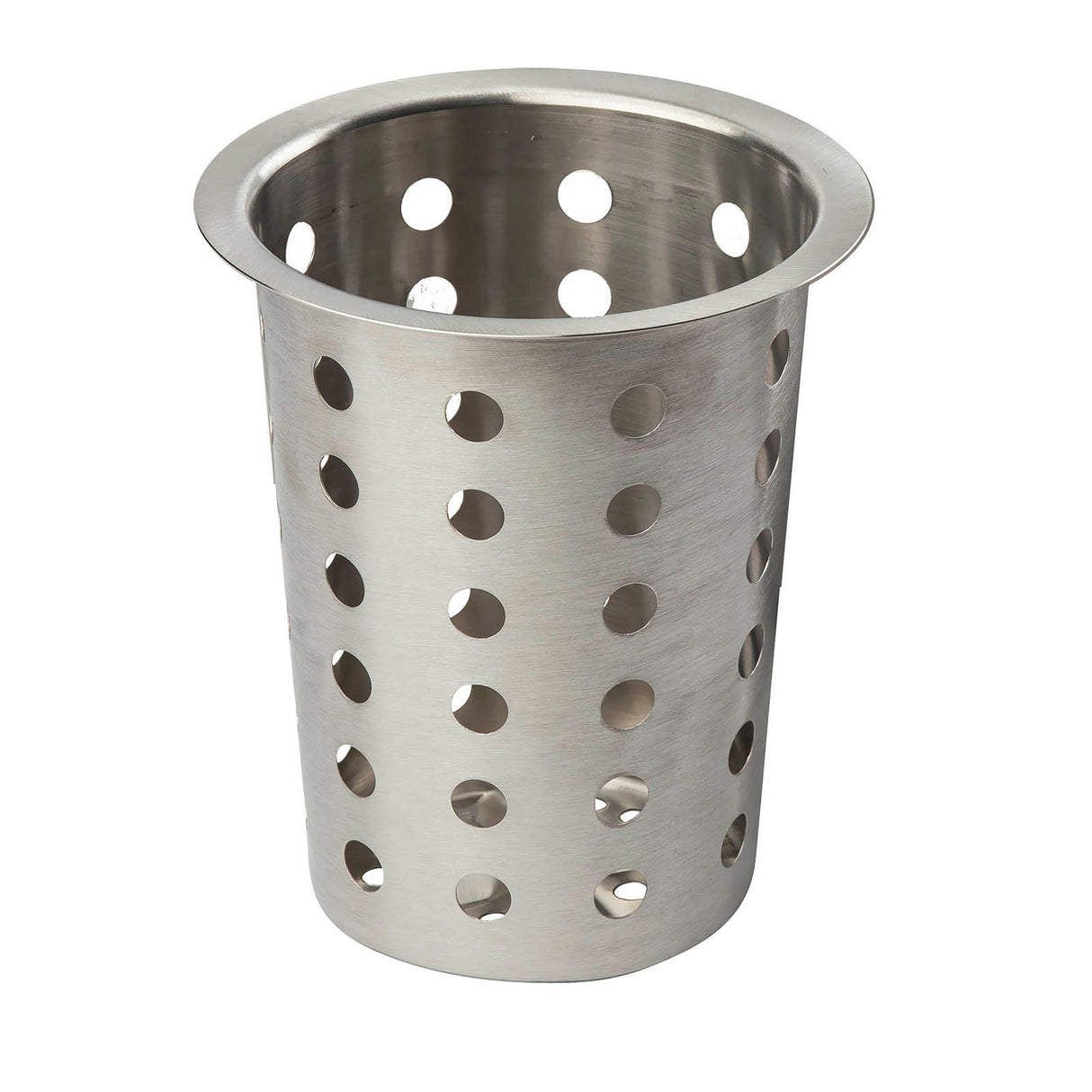 A stainless steel flatware cylinder with a flared rim and evenly spaced round holes for ventilation. The brushed metal finish is dishwasher safe, making it ideal for holding and draining kitchen tools like cutlery.