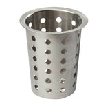 A stainless steel flatware cylinder with a flared rim and evenly spaced round holes for ventilation. The brushed metal finish is dishwasher safe, making it ideal for holding and draining kitchen tools like cutlery.