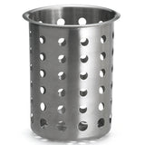 A stainless steel flatware cylinder with evenly spaced round holes and a slightly flared rim, open at the top for storing kitchen tools or cutlery. This utensil holder is dishwasher safe for easy cleaning.