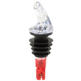 A BPA free, premium liquor pourer featuring a clear plastic spout with a black ribbed rubber stopper and red base. The curved widemouth pourer ensures controlled pouring and fits snugly into the bottle neck. Background is plain white.