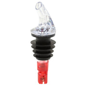 A BPA free, premium liquor pourer featuring a clear plastic spout with a black ribbed rubber stopper and red base. The curved widemouth pourer ensures controlled pouring and fits snugly into the bottle neck. Background is plain white.