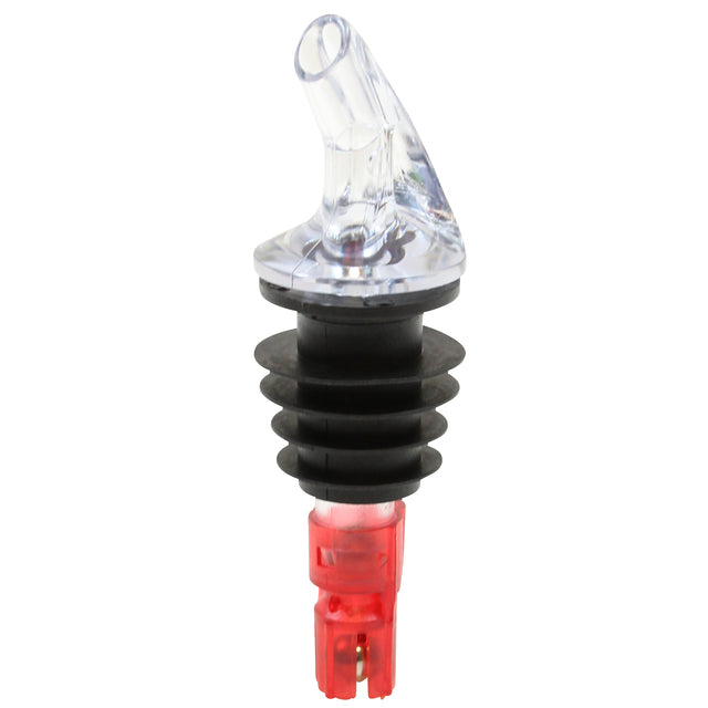 A BPA free, premium liquor pourer featuring a clear plastic spout with a black ribbed rubber stopper and red base. The curved widemouth pourer ensures controlled pouring and fits snugly into the bottle neck. Background is plain white.