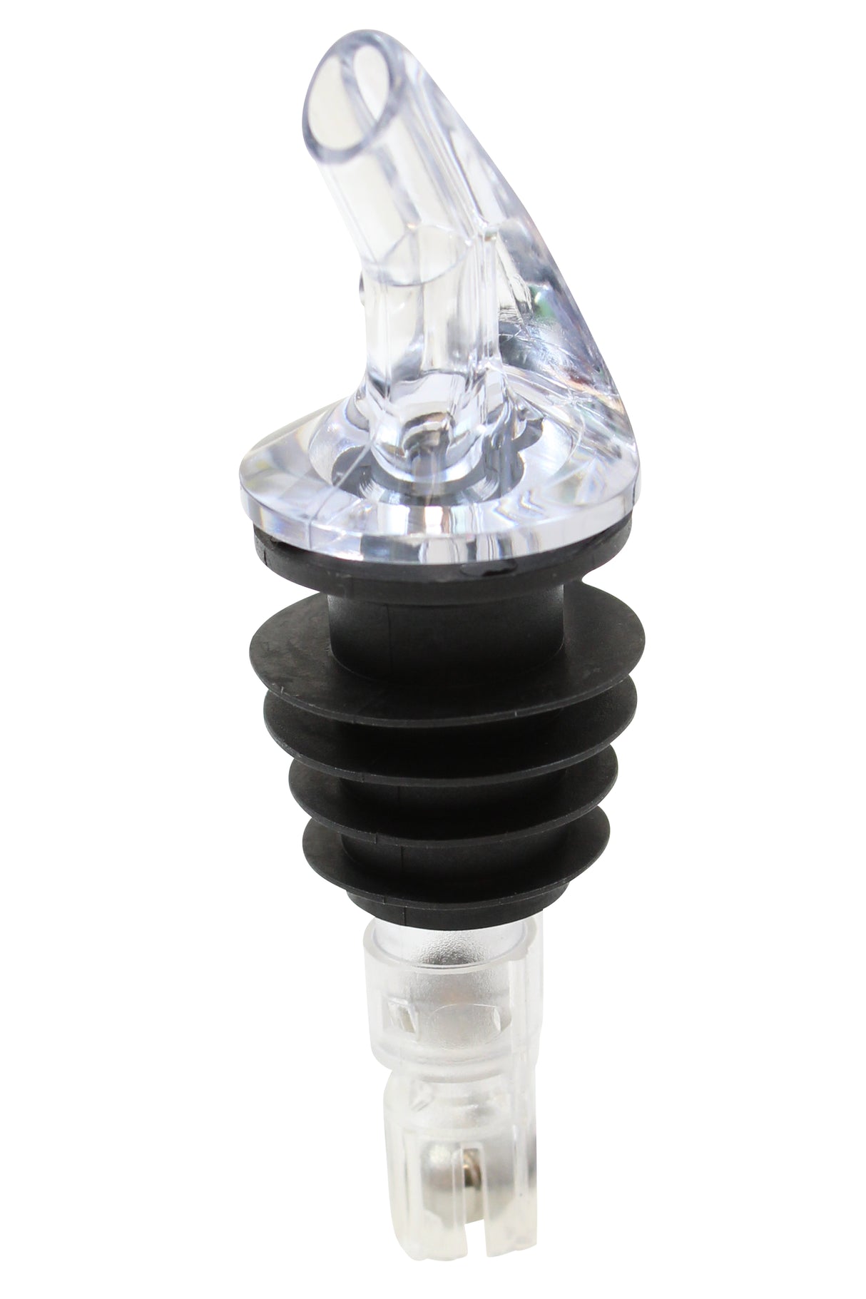 A transparent Proper Pour Widemouth Pourer with a black rubber ribbed stopper for premium liquor bottles. Its BPA free, angled spout ensures easy liquid dispensing, while the secure transparent base fits tightly into a bottle’s neck.