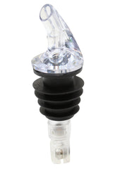 A transparent Proper Pour Widemouth Pourer with a black rubber ribbed stopper for premium liquor bottles. Its BPA free, angled spout ensures easy liquid dispensing, while the secure transparent base fits tightly into a bottle’s neck.