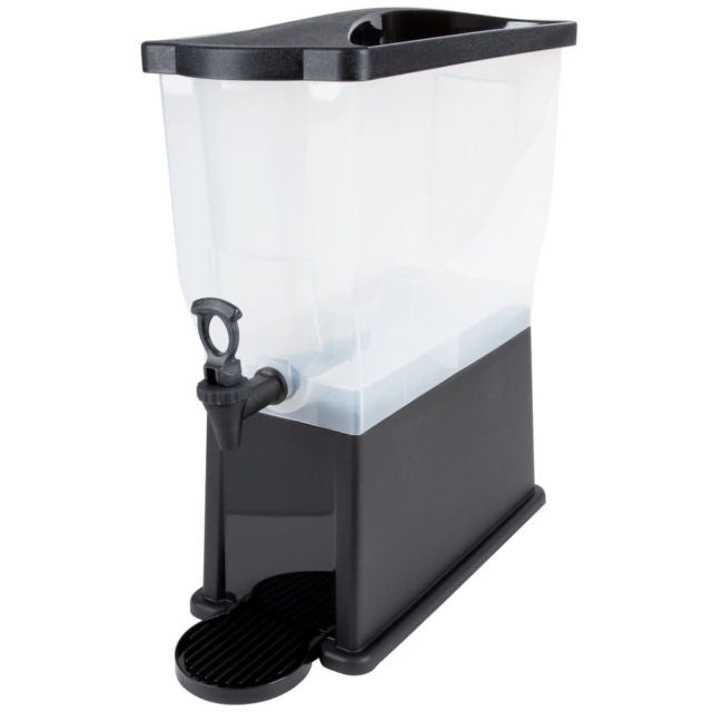 A large, clear NSF approved 3 gallon beverage dispenser with a black base and lid. Featuring a spout near the bottom and a drip tray beneath, this Slimline Beverage Dispenser is photographed empty on a white background.