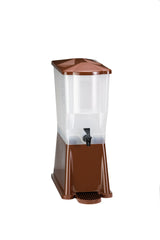 A brown and white Slimline Beverage Dispenser with a 3 gallon translucent upper section and spigot, set above a grated drip tray on a solid base. NSF certified, it's perfect for serving drinks, all against a clean white background.