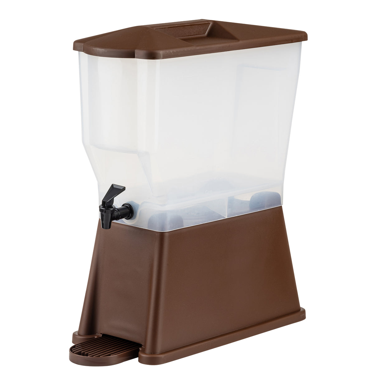 A 3 gallon NSF Slimline Beverage Dispenser with a clear top to show contents, rectangular shape, brown solid base, front spigot for pouring, and a drip tray beneath the spout. Perfect for any beverage station.