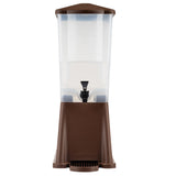 A clear Slimline Beverage Dispenser with a brown lid, brown base, and black spigot for pouring. This 3 gallon NSF dispenser features a built-in drip tray to catch spills and is shown from the front against a white background.