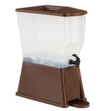 A large brown and clear Slimline Beverage Dispenser with a 3 gallon capacity, featuring an NSF-certified rectangular design, spigot for easy pouring, raised base, ribbed drip tray below the spout, and a semi-transparent top to monitor liquid levels.