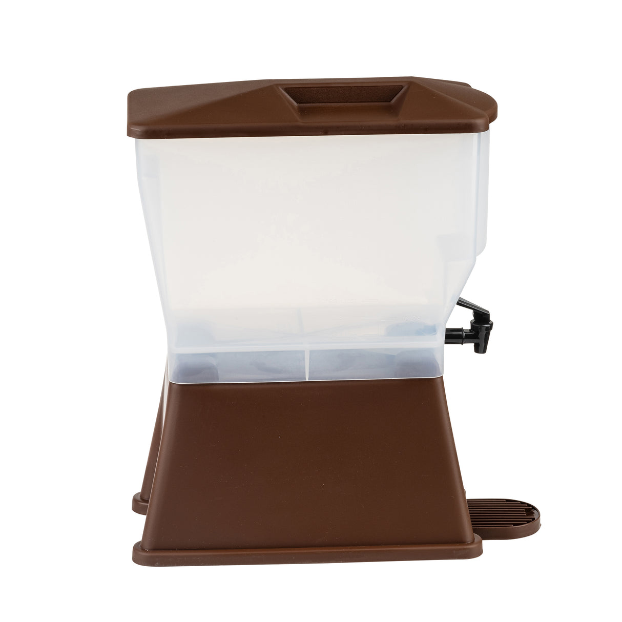 A brown and clear plastic container with a spout and foot pedal at the base, this 3 gallon dispenser is ideal for dry food or pet food. The clear upper compartment ensures contents are visible, while the brown base offers stability.