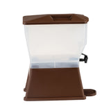 A brown and clear plastic container with a spout and foot pedal at the base, this 3 gallon dispenser is ideal for dry food or pet food. The clear upper compartment ensures contents are visible, while the brown base offers stability.
