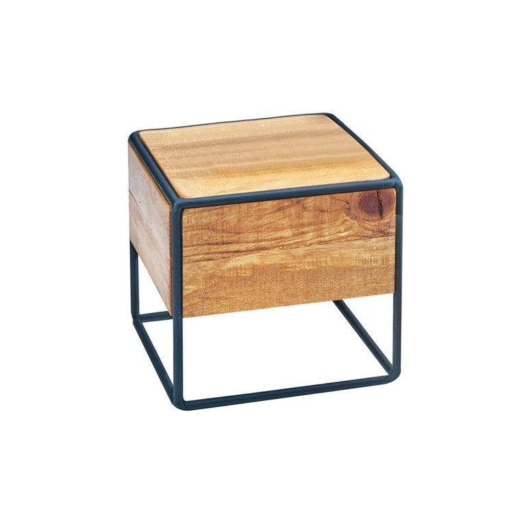 A modern square side table with a natural wood top and rustic pine panels, framed by a minimalist black metal frame. The warm, natural grain enhances its style, combining industrial and rustic elements. The table sits on a white background.