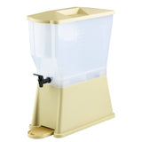 A beige and transparent plastic rice dispenser with a rectangular shape and black spout for dispensing, featuring a built-in measuring cup tray at the base. This NSF approved dispenser stands upright, has measurement markings on the side, and holds up to 3 gallons.