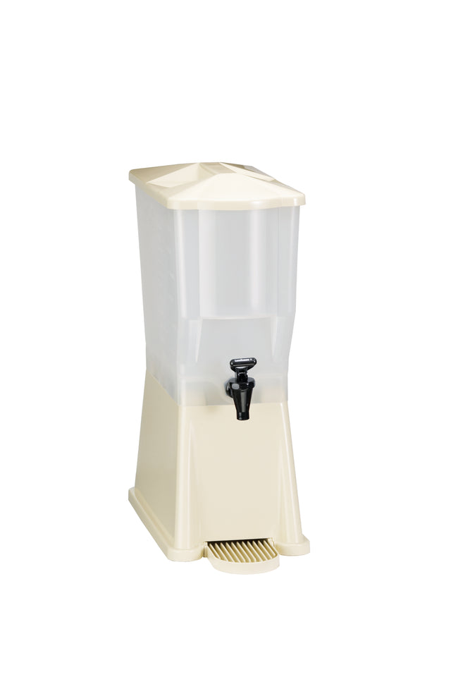 A 3 gallon NSF approved Slimline Beverage Dispenser featuring a beige plastic body, translucent rectangular container, black spigot, and matching drip tray. The upright dispenser has a fitted lid and stands on a white background.