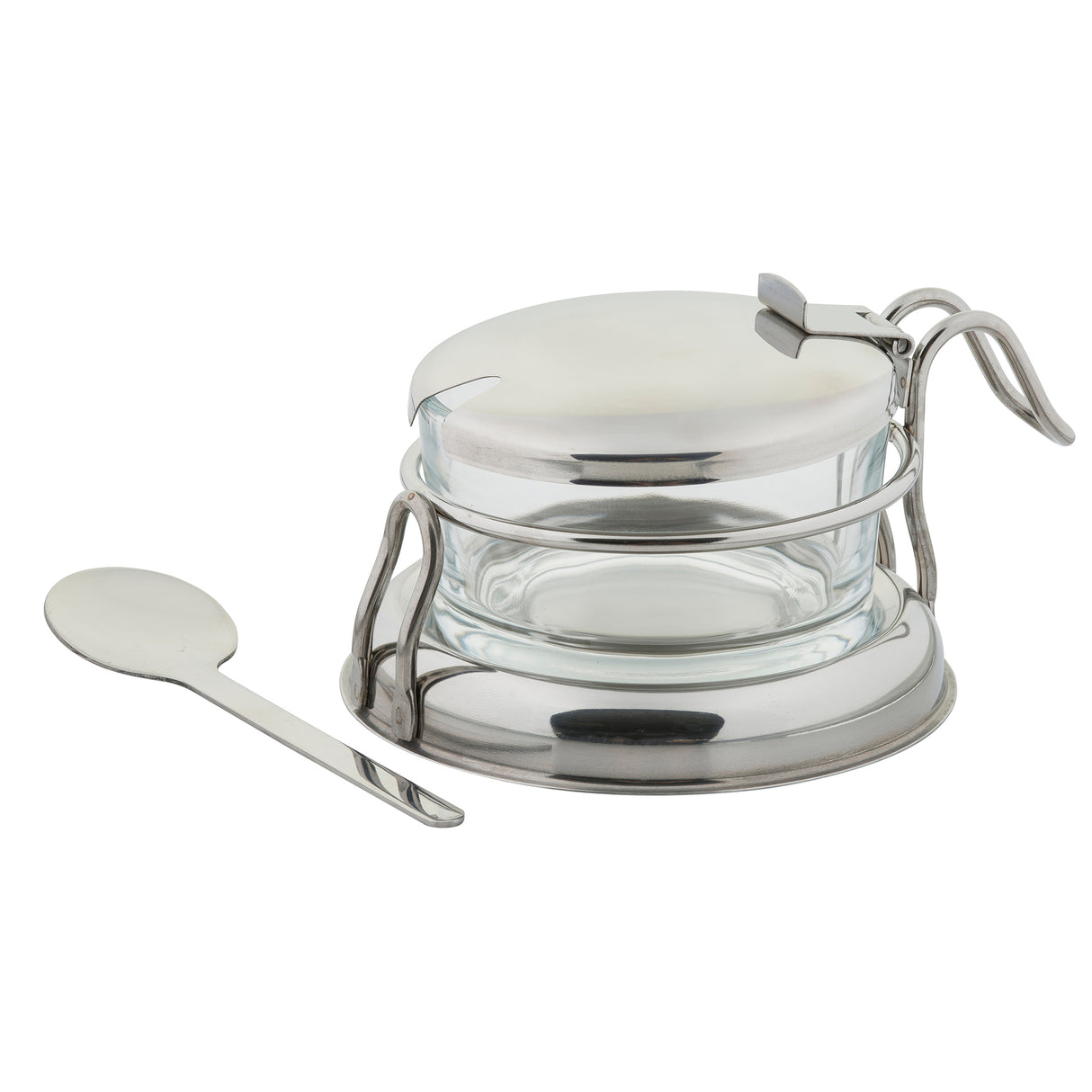 A small glass container with a metal lid and handle, set in a metal stand. This condiment jar set features a notch in the lid for the included silver spoon. The overall design is simple, modern, and dishwasher safe.