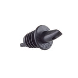 A black plastic pourer with a ridged, tapered body and a flat circular flange. The flange has embossed text, and a small spout-like protrusion extends from the center. Ideal as a free flow pourer, it features the signature design of TableCraft.