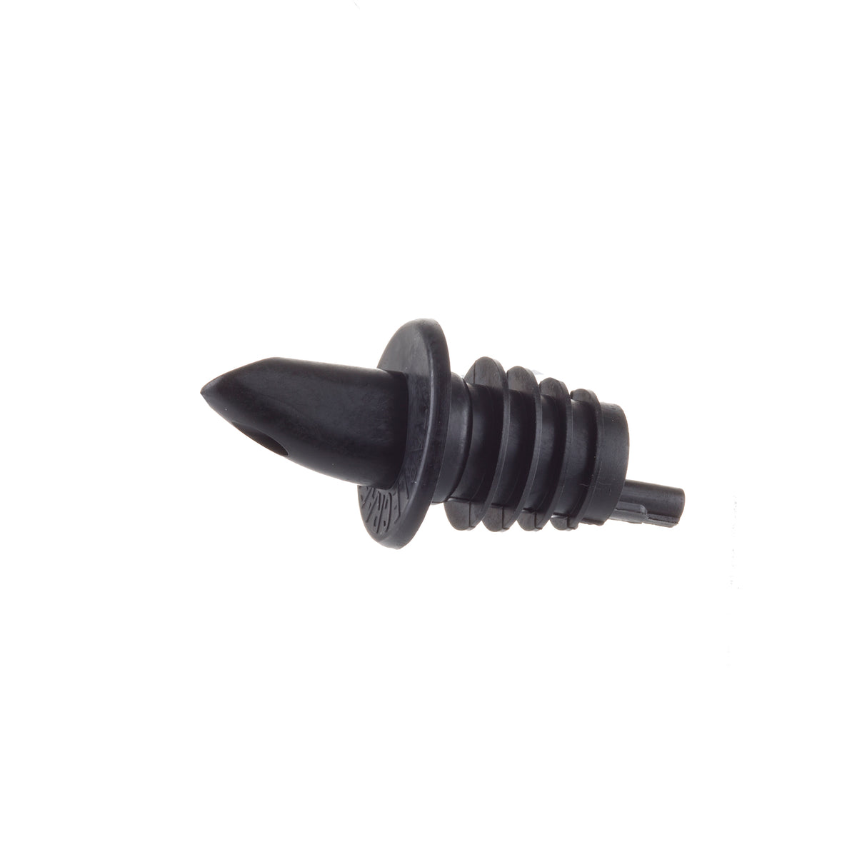 A black, plastic pourer with a pointed tip, flat round flange, and four ribbed ridges behind the flange. It features a small cylindrical extension at the base. The TableCraft free flow pourer is isolated on a white background.