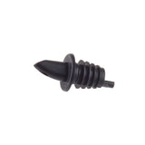 A black, plastic pourer with a pointed tip, flat round flange, and four ribbed ridges behind the flange. It features a small cylindrical extension at the base. The TableCraft free flow pourer is isolated on a white background.