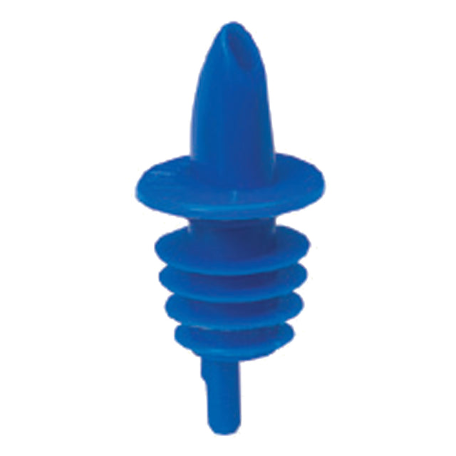 A blue plastic Free Flow Pourer with a tapered spout, circular collar, and several horizontal ridges below to fit securely into a bottle opening. The background is plain white. Ideal for bars or Cash & Carry use, from TableCraft Products.