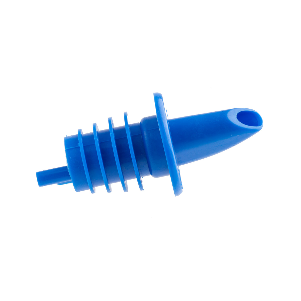 A blue plastic Free Flow Pourer with multiple ridges and a cylindrical spout, designed to fit into a bottle opening for controlled pouring. The angled spout and circular flange provide stability. Ideal for Cash & Carry use. The background is white.