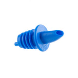 The TableCraft Products Free Flow Pourer is a blue plastic bottle pourer with a ribbed, tapered base for sealing and a narrow, angled spout for controlled pouring, shown on a white background. Ideal for Cash & Carry convenience.