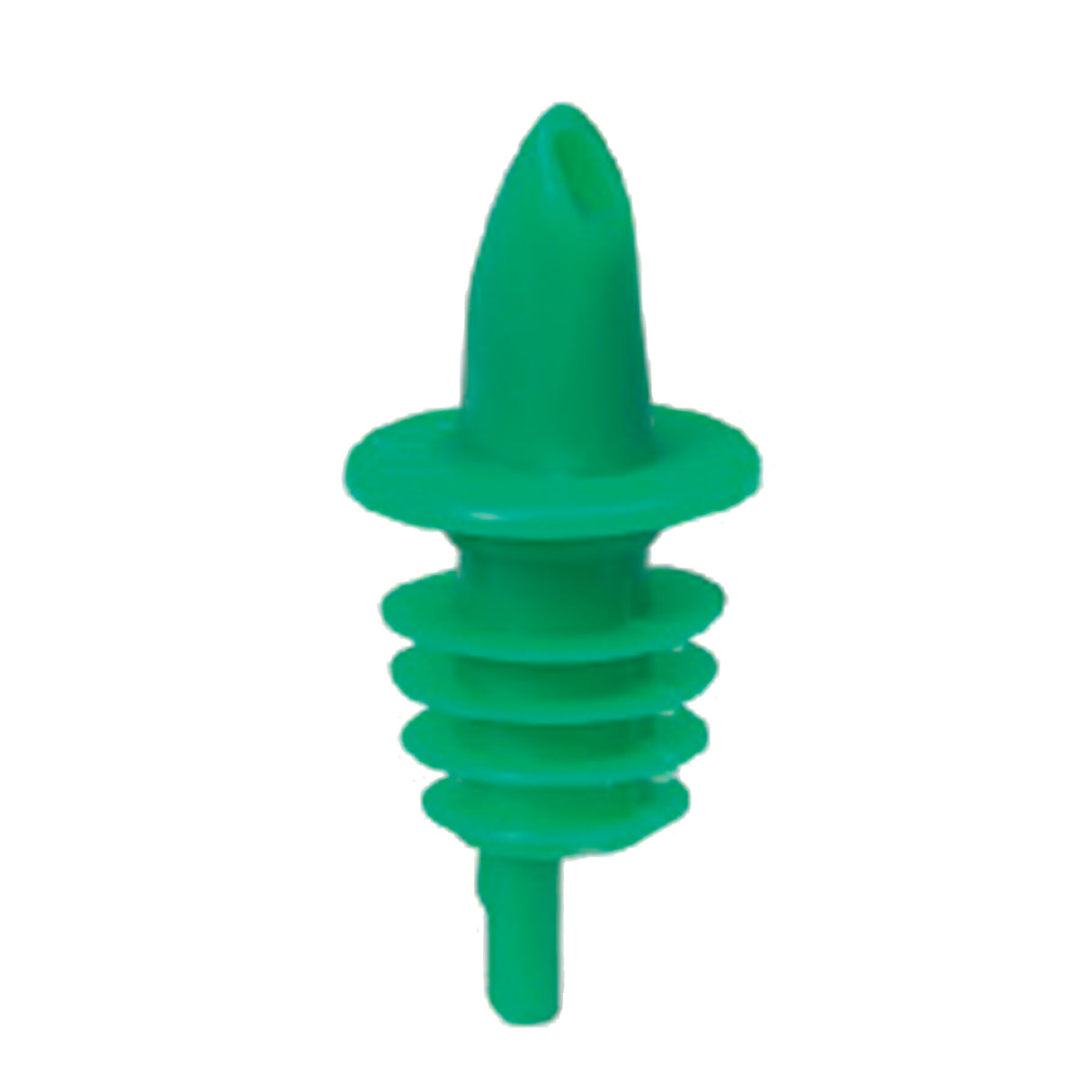 A green TableCraft plastic pourer with a ridged, tapered body and flared collar fits bottle necks for controlled pouring. This free flow pourer features a narrow spout and multiple rings for a secure fit.