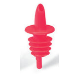 A red, ribbed TableCraft Products Free Flow Pourer made of silicone with a tapered top and small opening for controlled liquid dispensing, designed to fit into the neck of a bottle. The background is plain white.